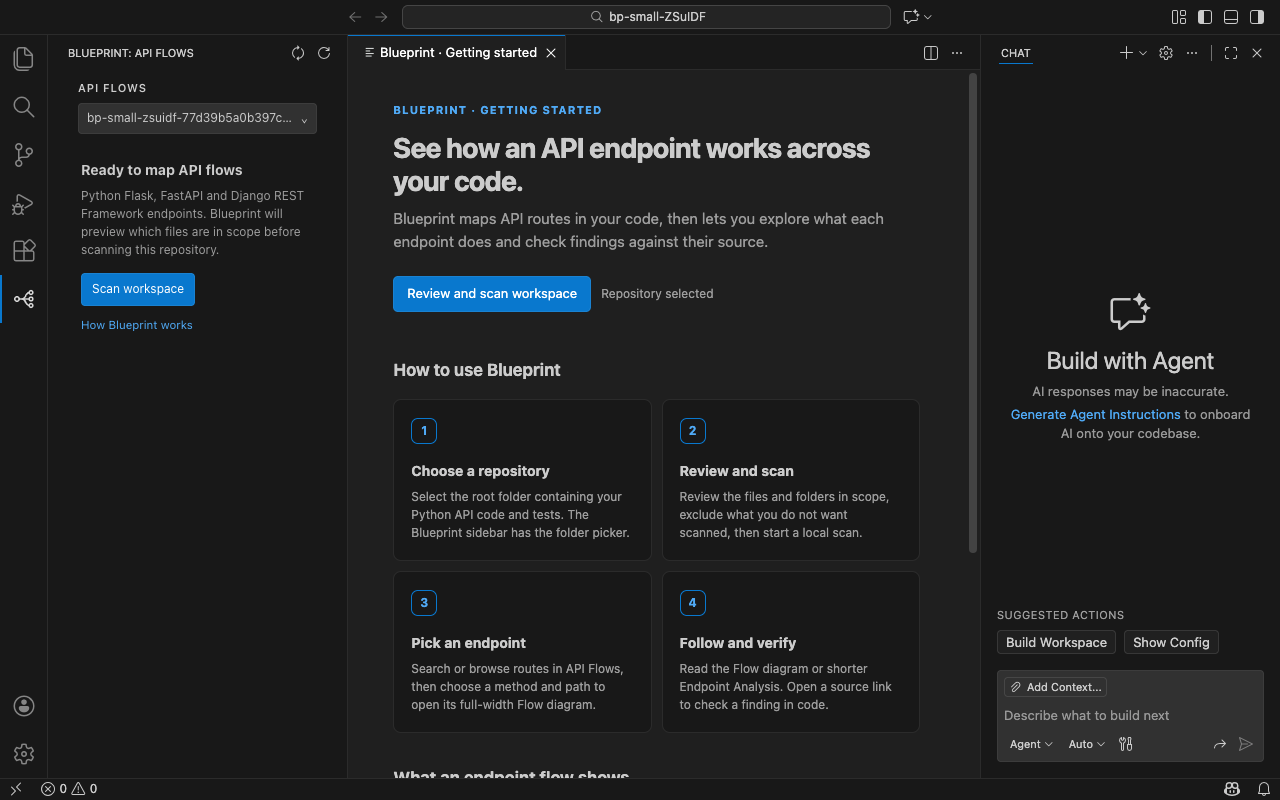 Blueprint selected in the far-left VS Code Activity Bar, with the Getting started view and Scan workspace action visible